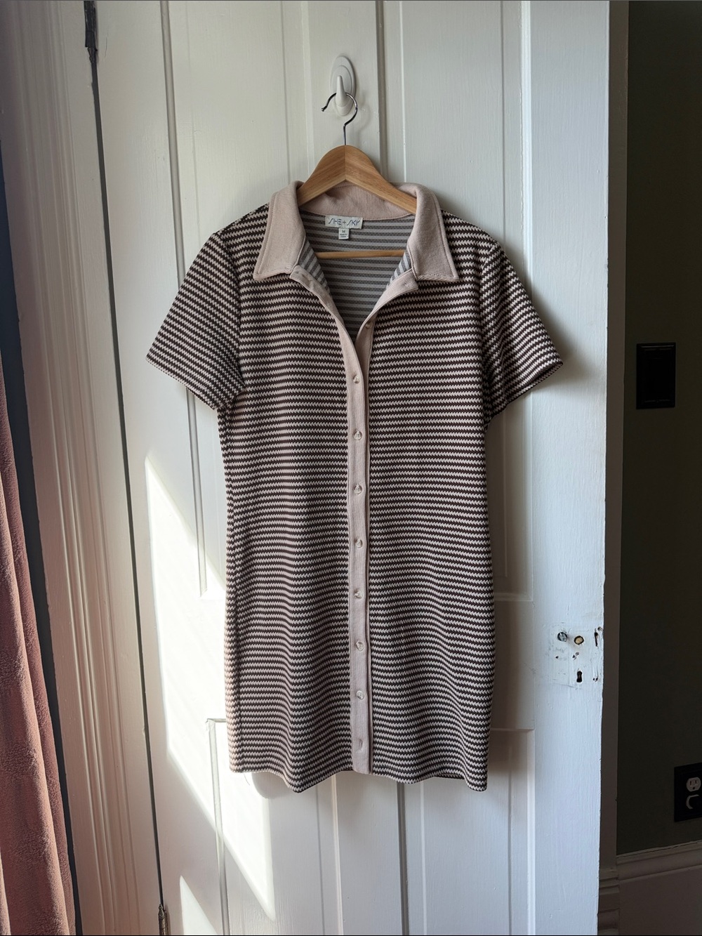 She + Sky Brown and Cream Striped Knit Polo Dress